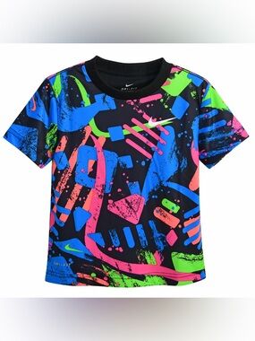 Nike Kids Black Tee with Neon Blue Pink and Green Splash Print dri fit